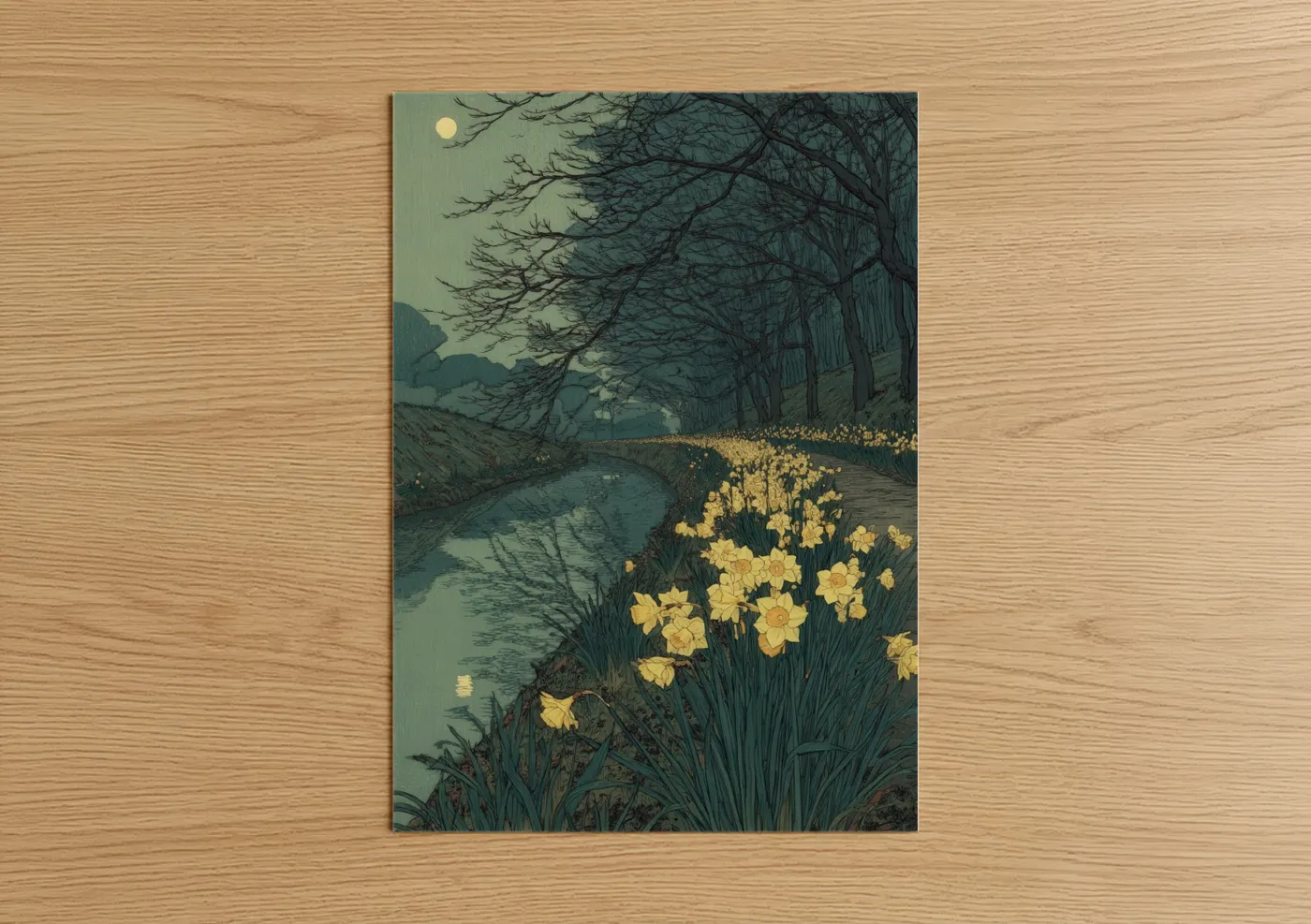 Moonlit Daffodils River Landscape Wall Art