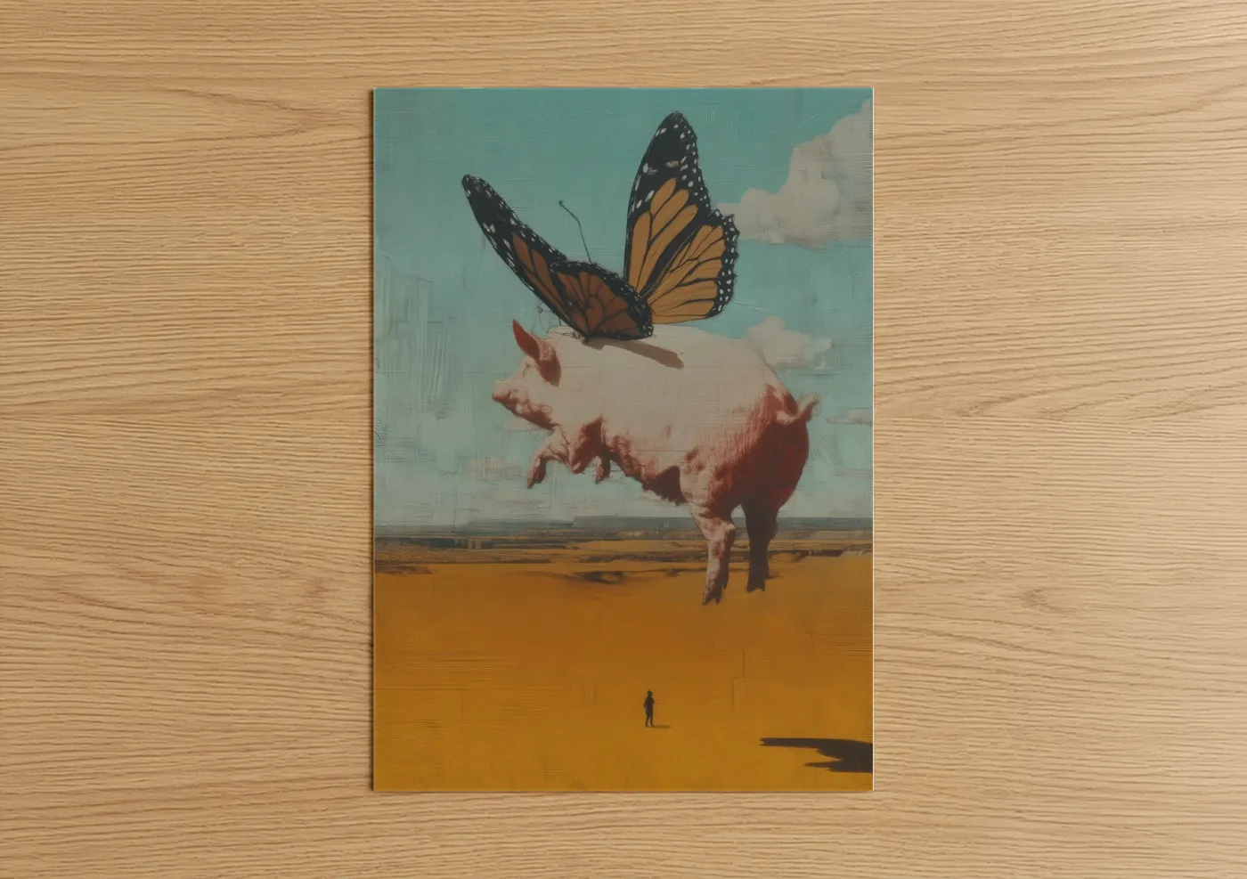 Art print on warm oak wood — teal and gold palette — Surreal Pig Flight poster
