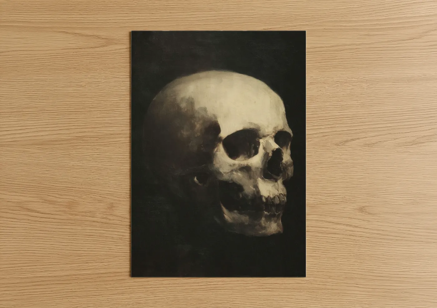 Art print on warm oak wood — cream and black palette — Ivory Skull Study poster