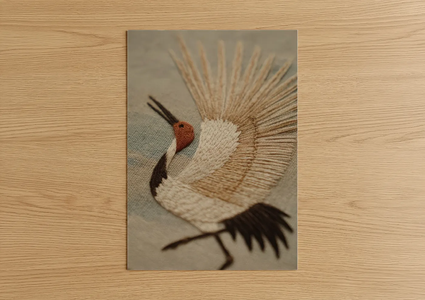 Knitting and sewing art print on warm oak wood — cream and brown palette — Embroidered Crane poster
