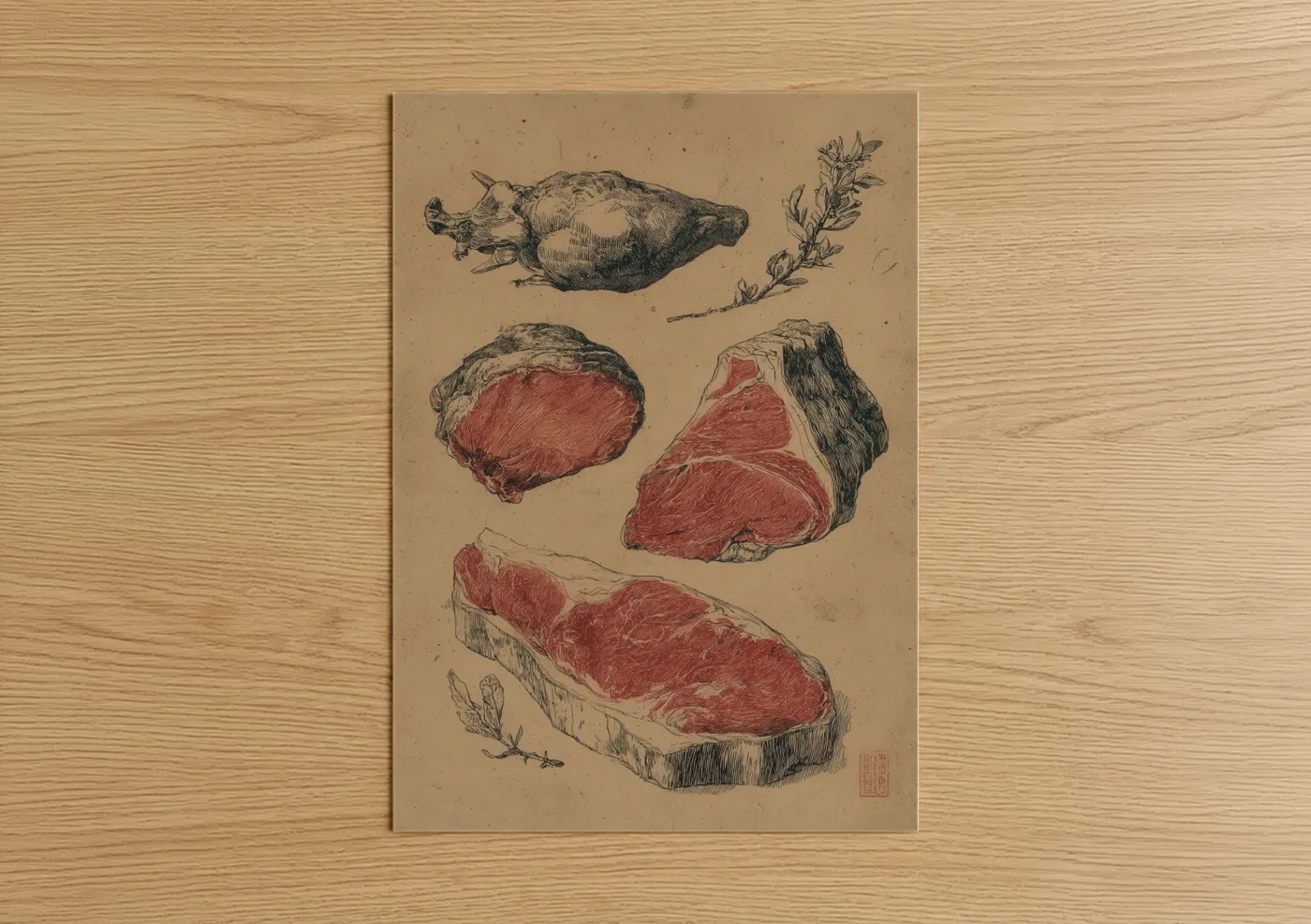 Meat art print on warm oak wood — beige and red palette — Butcher's Study poster