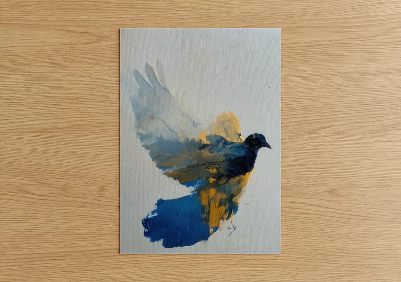 Dove art print on warm oak wood — blue and gold palette — Bluebird Ascendant poster