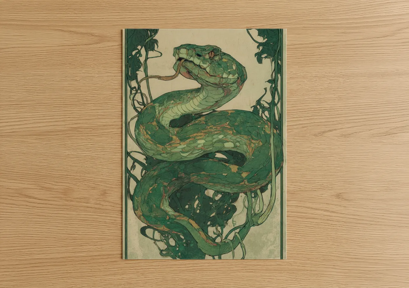 Art print on warm oak wood — dark green and cream palette — Coiled Rattlesnake poster