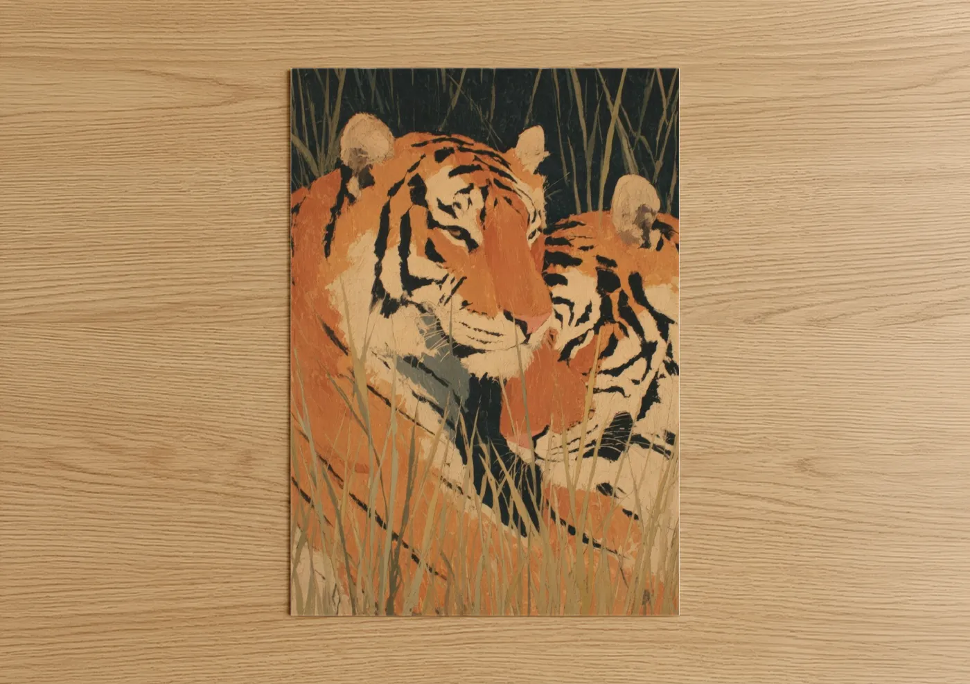 Tiger Couple in Grass Watercolor Wall Art