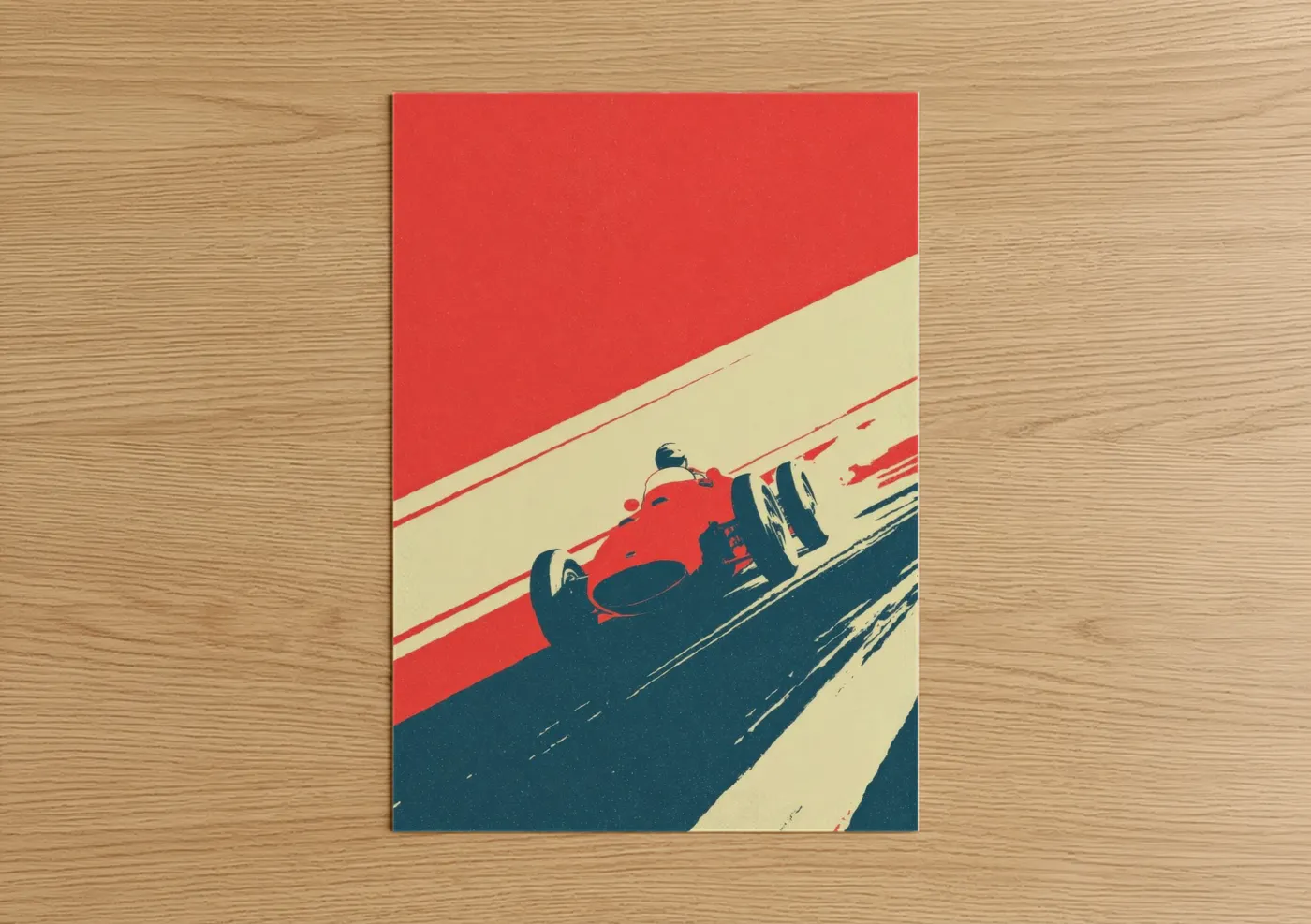 Auto racing art print on warm oak wood — red and cream palette — Crimson Speedway poster