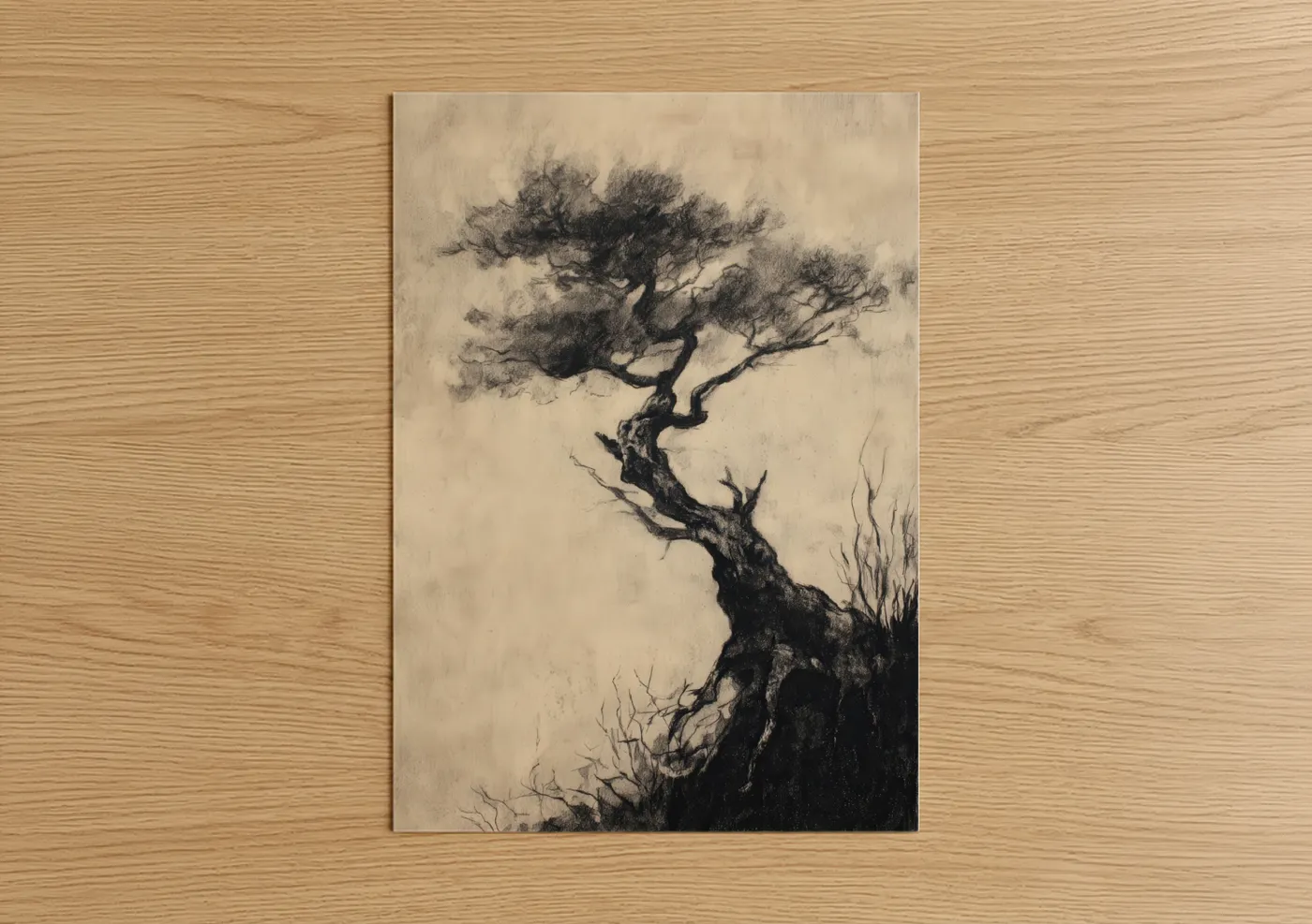 Windswept Bonsai Tree Charcoal Wall Art