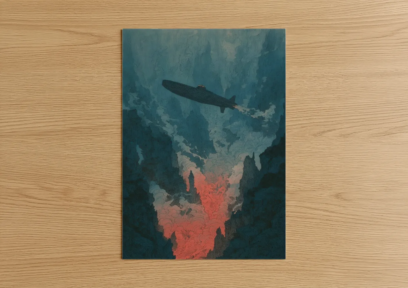 Art print on warm oak wood — dark blue and salmon pink palette — Deep Descent Submarine poster