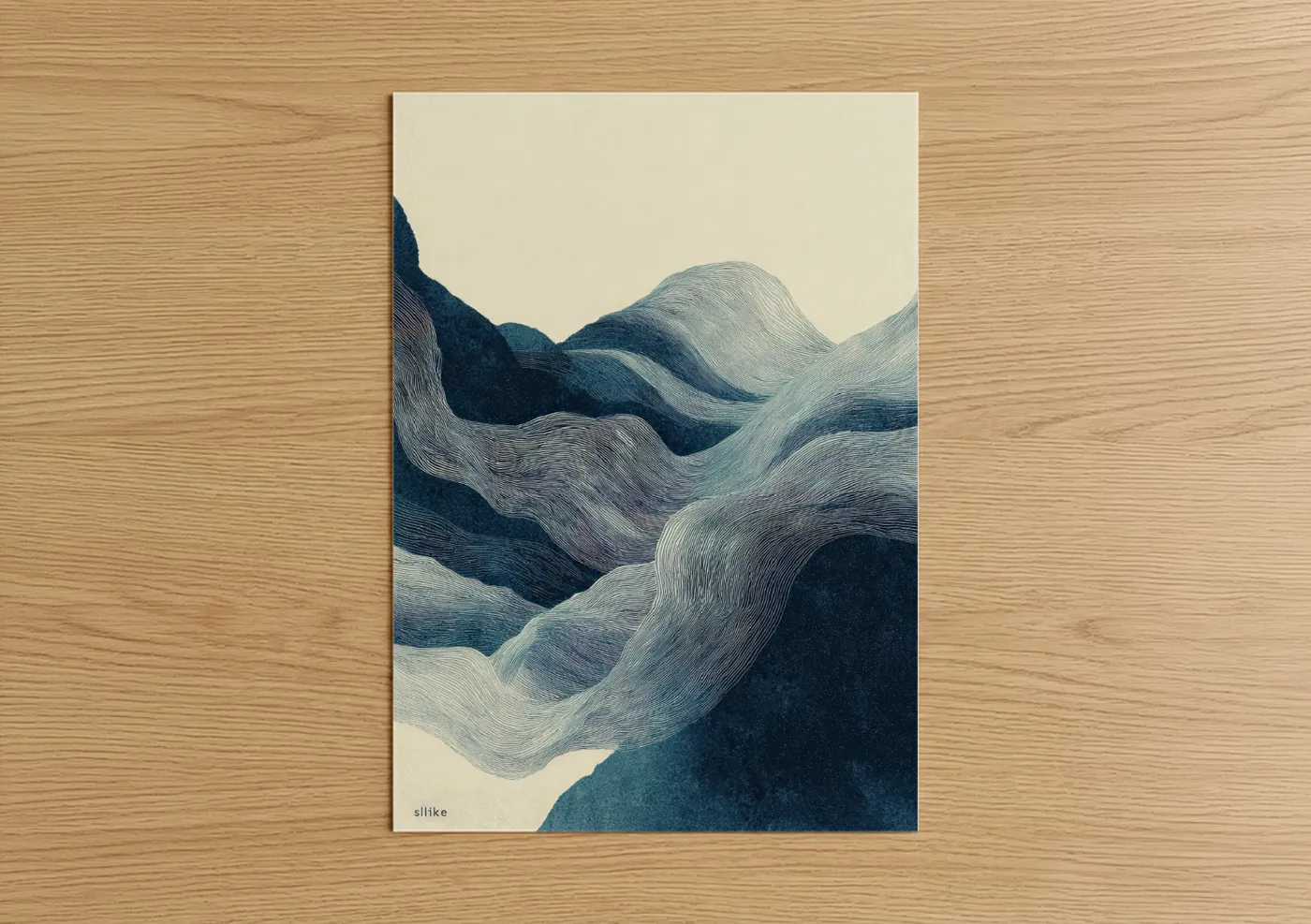 Jiu jutsu art print on warm oak wood — teal and cream palette — Flowing Motion Abstract poster