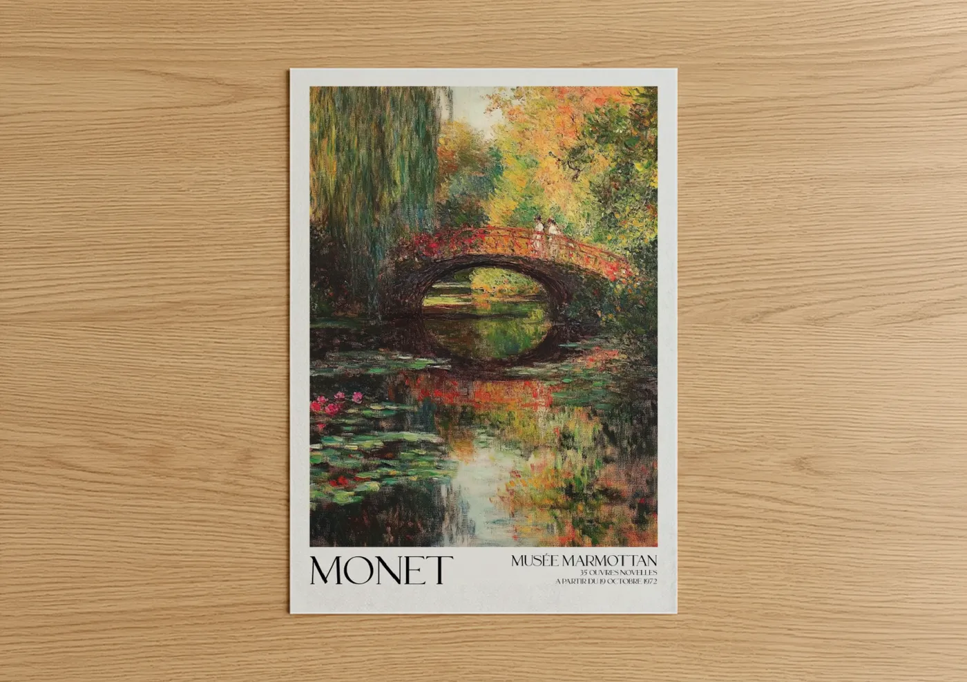 Willow forest art print on warm oak wood — gold and orange palette — Autumn Garden Bridge poster