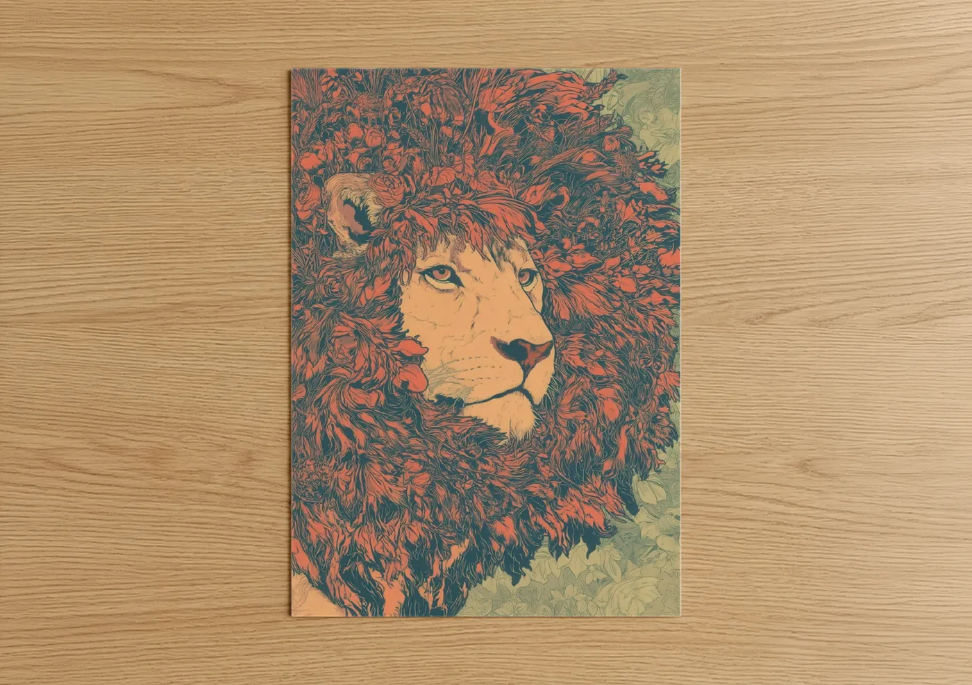 Art print on warm oak wood — orange and teal palette — Amber Lion Portrait poster