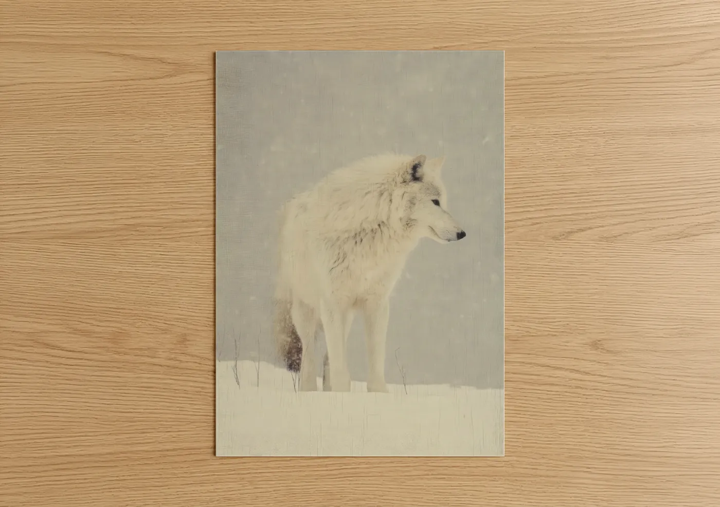 Art print on warm oak wood — white and gray palette — Snowy Wolf Portrait poster