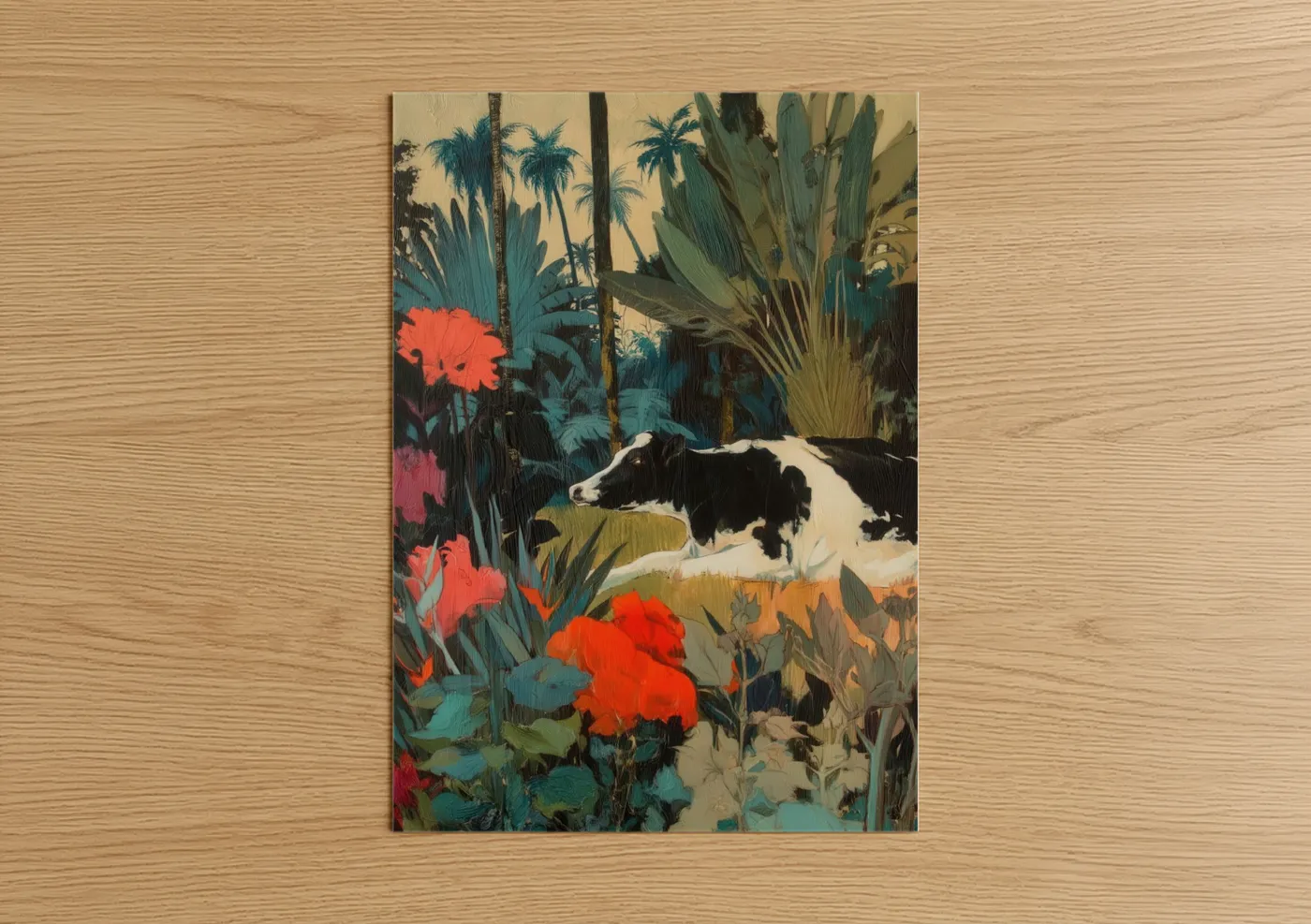 Art print on warm oak wood — teal and red palette — Tropical Jersey Cow poster