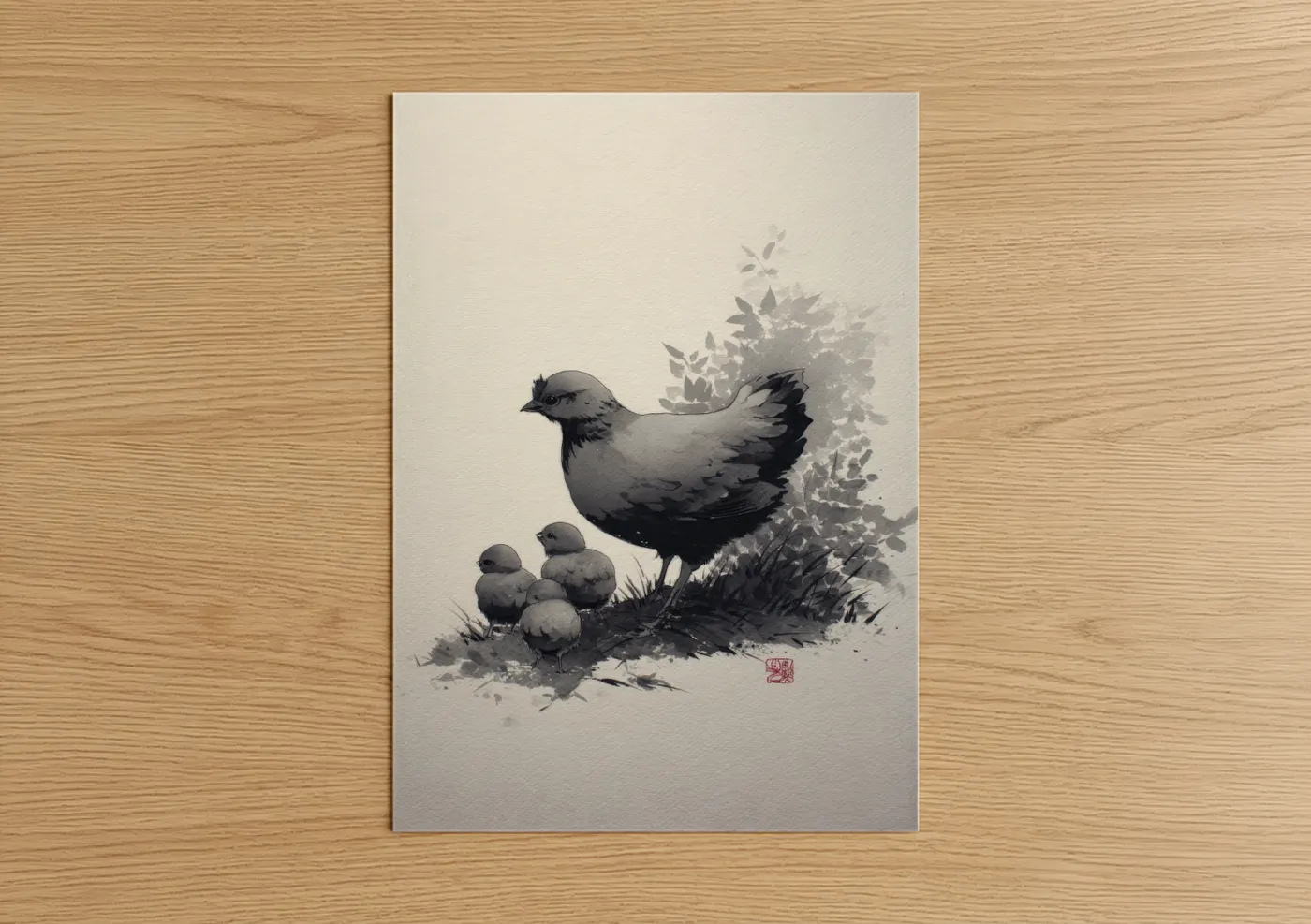 Protective Hen with Chicks Watercolor Wall Art