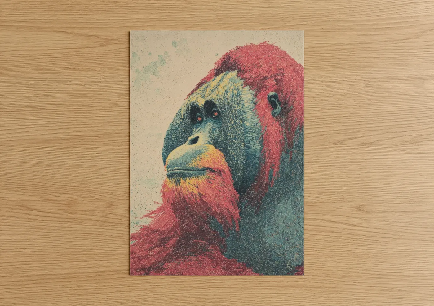 Art print on warm oak wood — red and teal palette — Crimson Orangutan poster