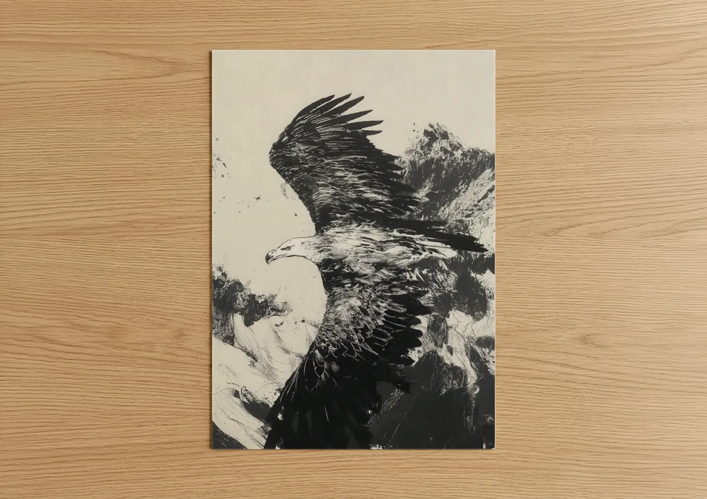 Art print on warm oak wood — black and white palette — Soaring Eagle poster