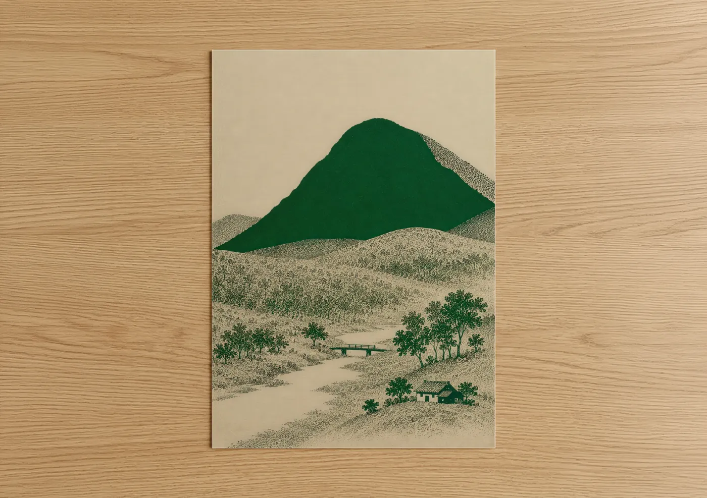 Art print on warm oak wood — true green and beige palette — Japanese Mountain Landscape Wall Art poster