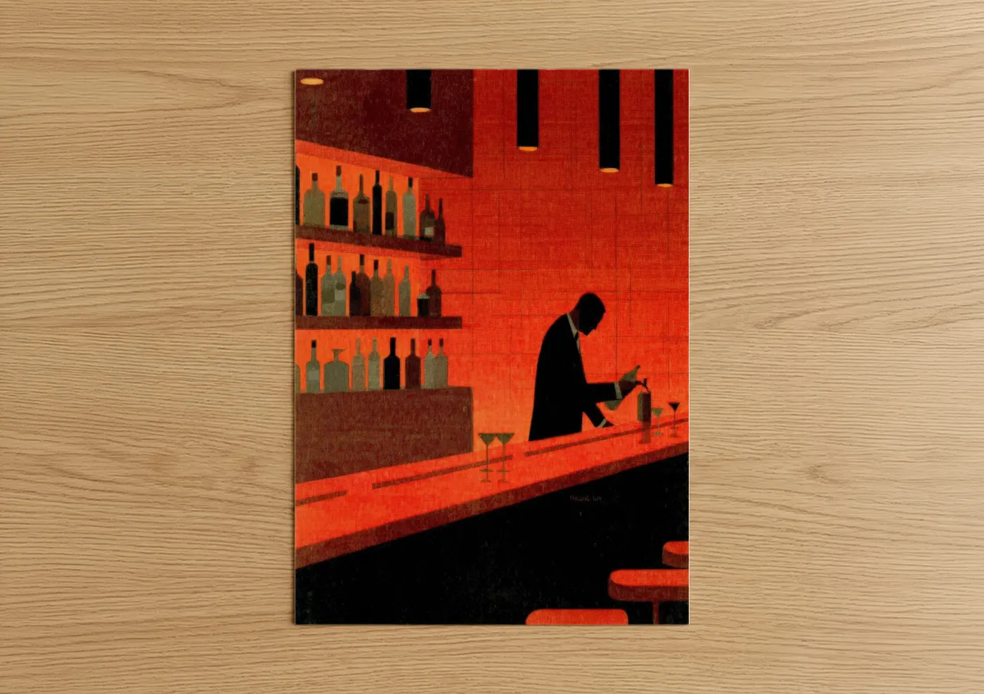 Cocktail art print on warm oak wood — red and black and gold palette — Vintage Bartender poster