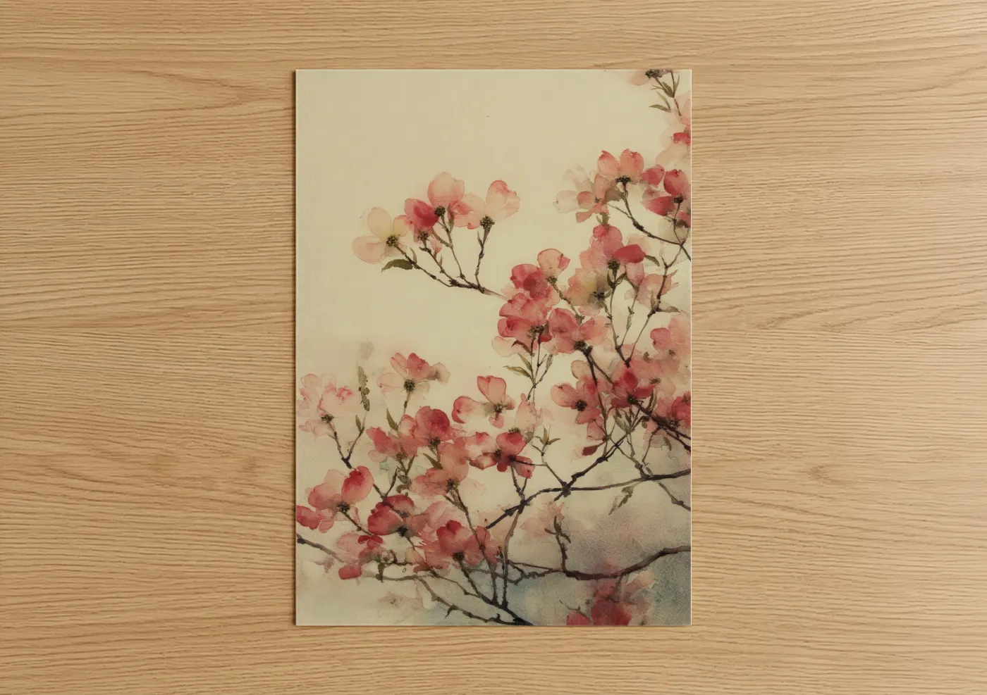 Art print on warm oak wood — cream and salmon pink palette — Pink Dogwood Blossoms poster