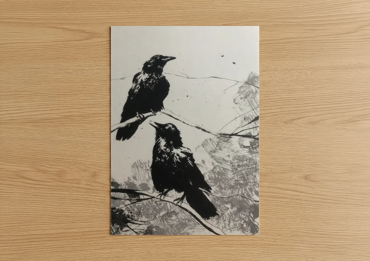 Black Ravens on Branch Ink Drawing Wall Art