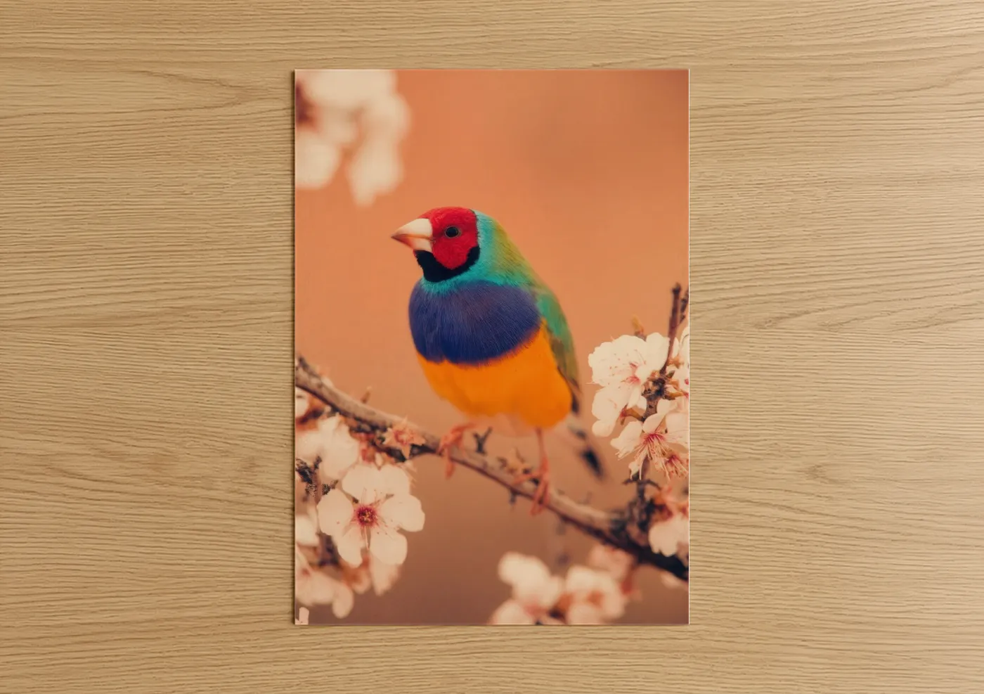 Art print on warm oak wood — peach and true green palette — Rainbow Finch poster