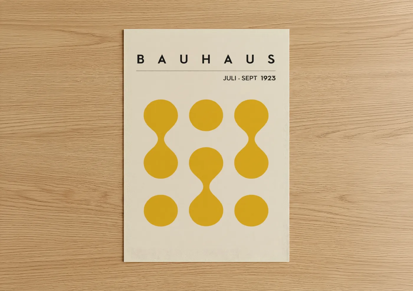 Abstract geometric art print on warm oak wood — yellow gold and cream palette — Bauhaus Circles poster