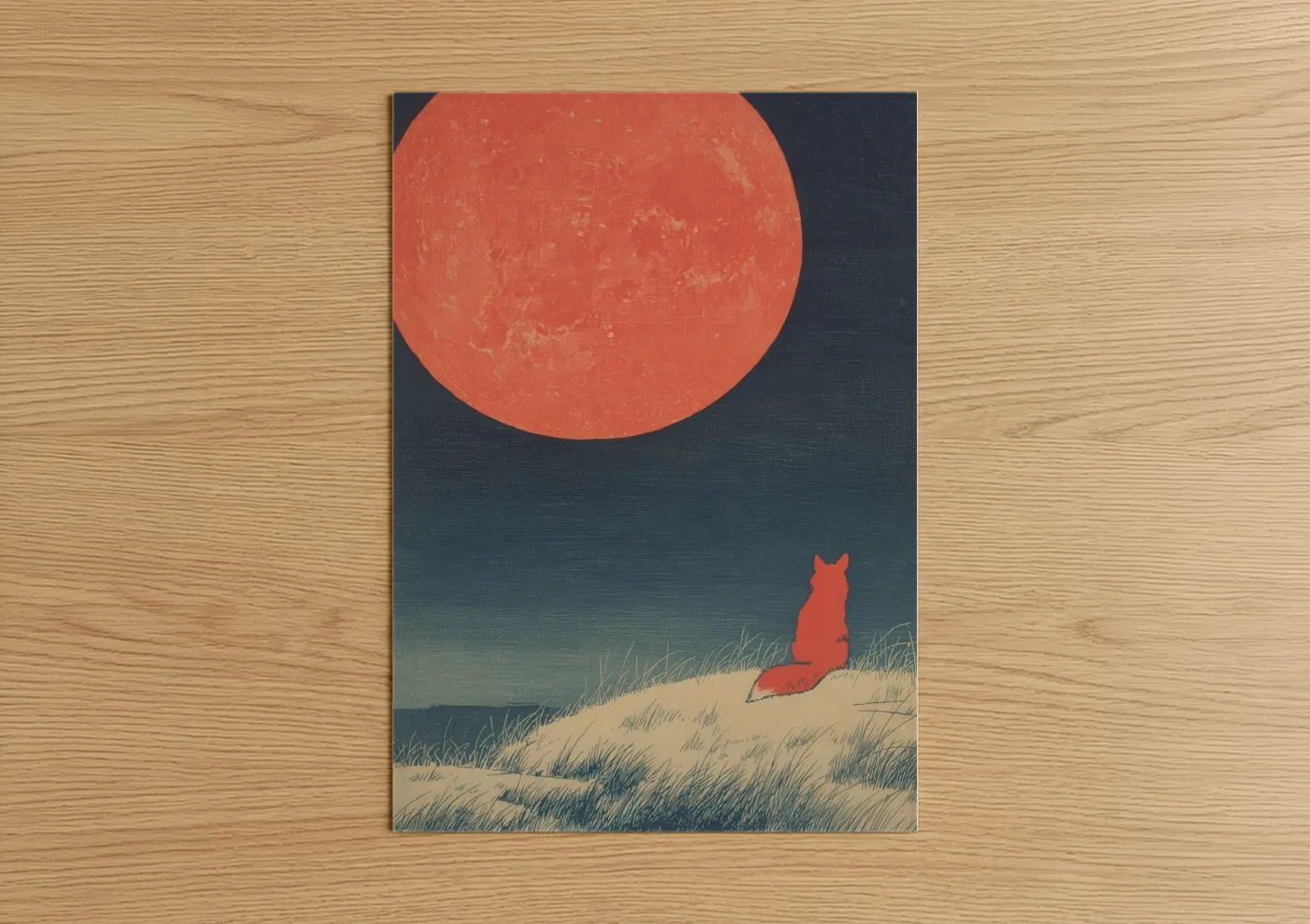 Art print on warm oak wood — red and dark blue palette — Crimson Moon Fox poster