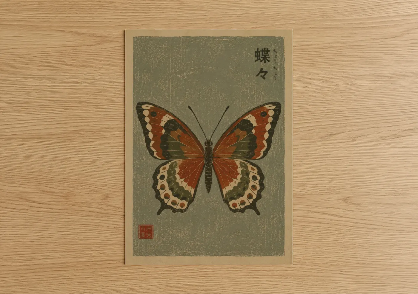 Art print on warm oak wood — brown and beige palette — Japanese Butterfly Woodblock Wall Art poster