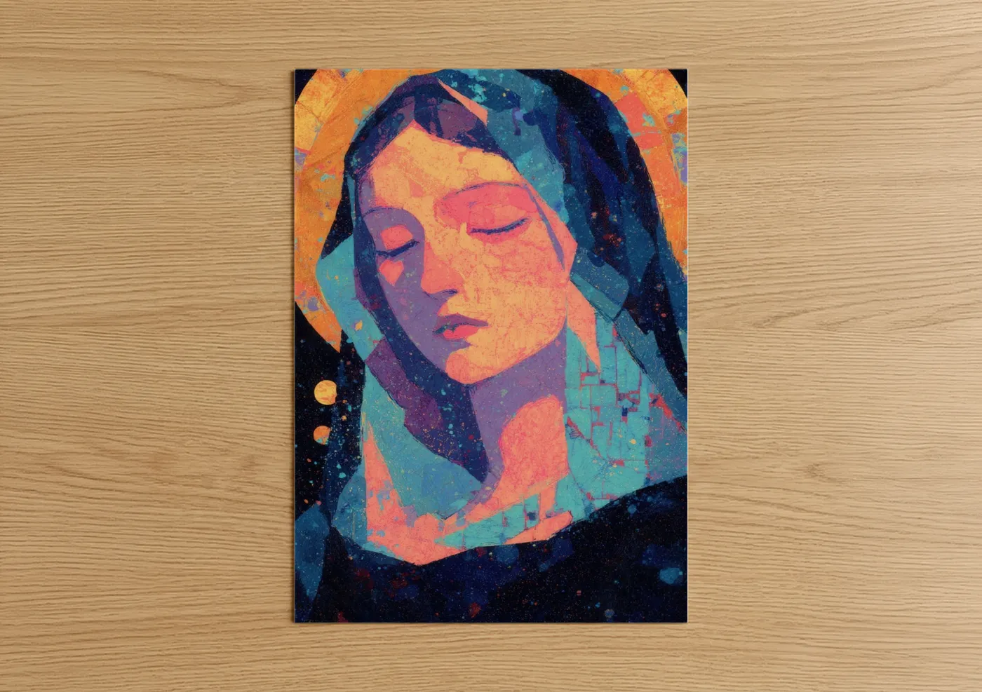 Virgin mary art print on warm oak wood — blue and gold palette — Celestial Virgin poster