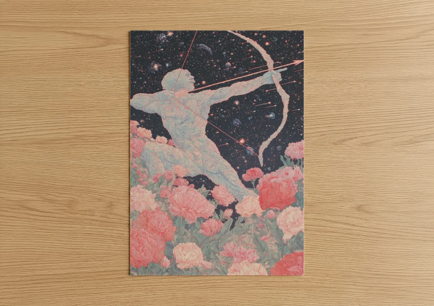 Sagittarius art print on warm oak wood — salmon pink and blue and white palette — Celestial Archer poster