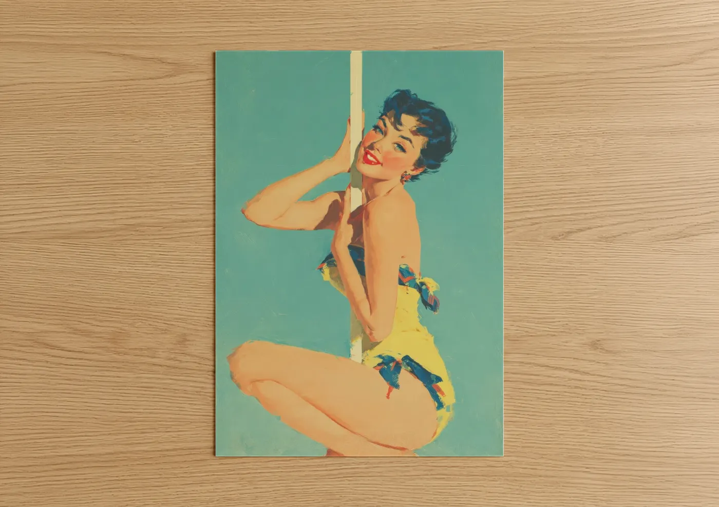 Pole dancing art print on warm oak wood — gold and teal palette — Golden Pole Dancer poster