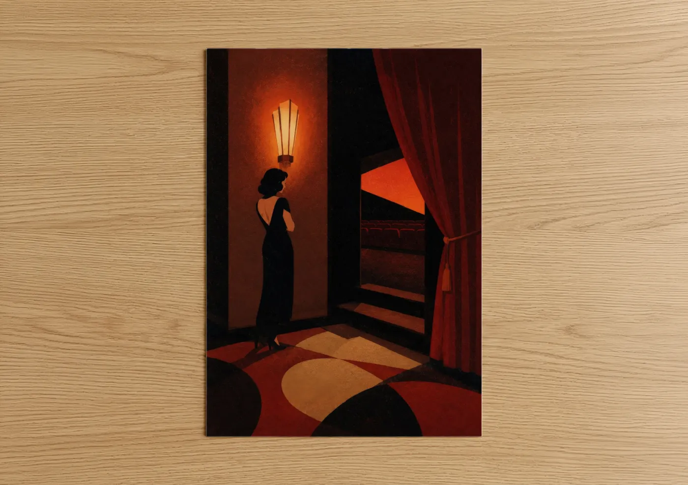 Art print on warm oak wood — orange and black palette — Art Deco Theater Elegance Wall Art poster