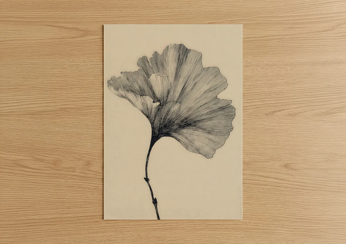 Leaf art print on warm oak wood — black and white and cream palette — Ginkgo Botanical Study poster
