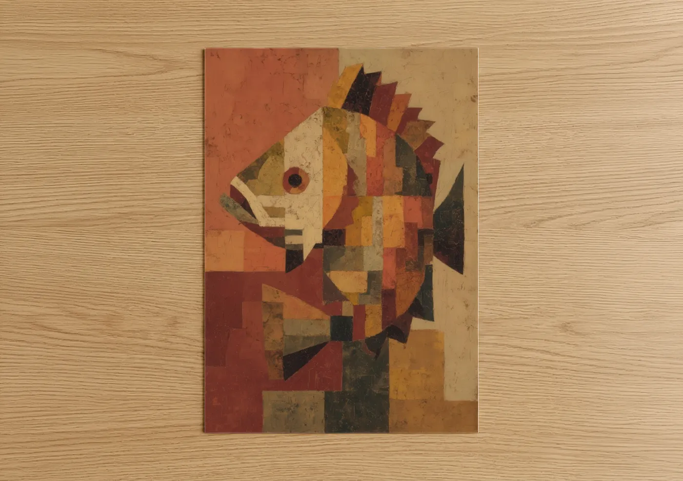 Art print on warm oak wood — russet and gold palette — Geometric Bass poster