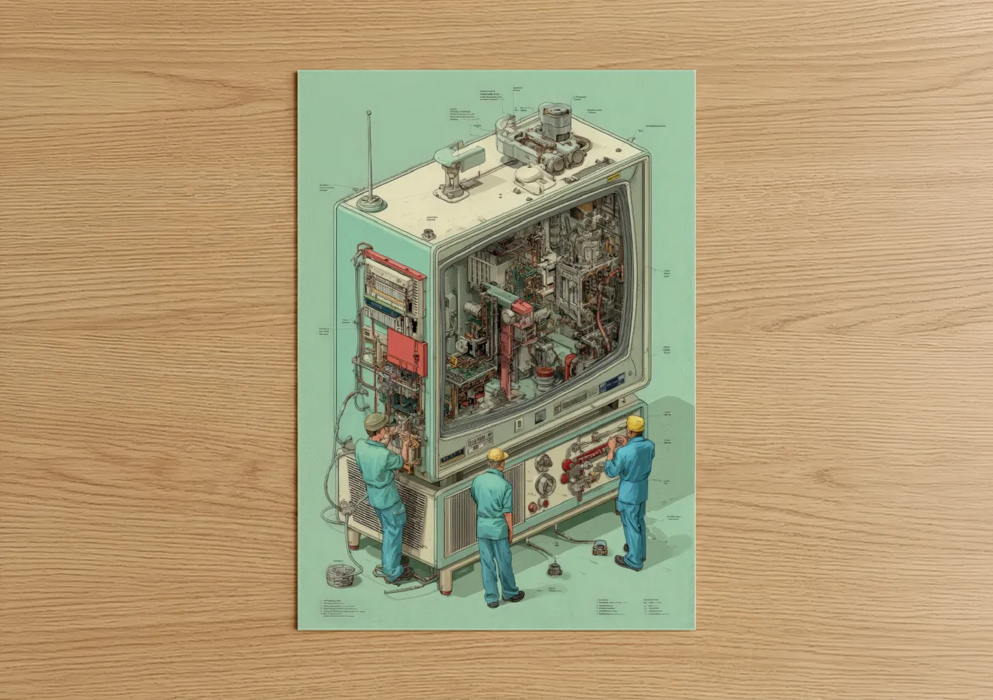 Blueprints art print on warm oak wood — light green and cream palette — Vintage Television Blueprint poster