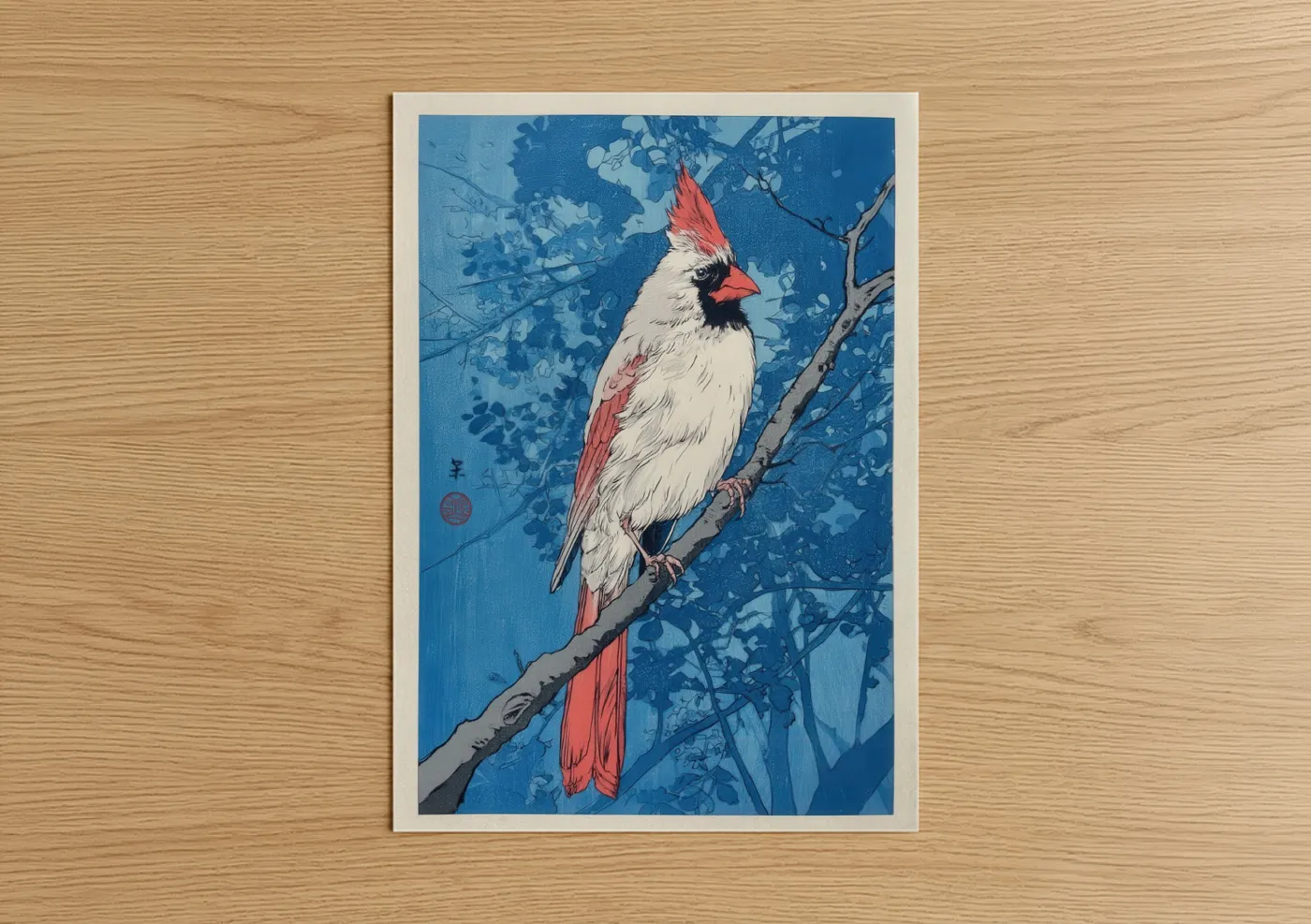 Crimson Cardinal Blue Woodblock Wall Art