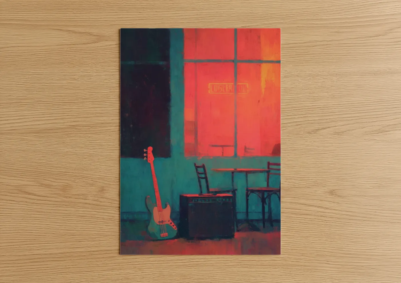 Bass guitar art print on warm oak wood — red and teal palette — Neon Bass Studio poster