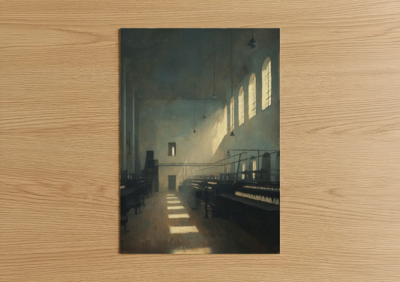 Art print on warm oak wood — gold and dove gray palette — Golden Factory Light poster