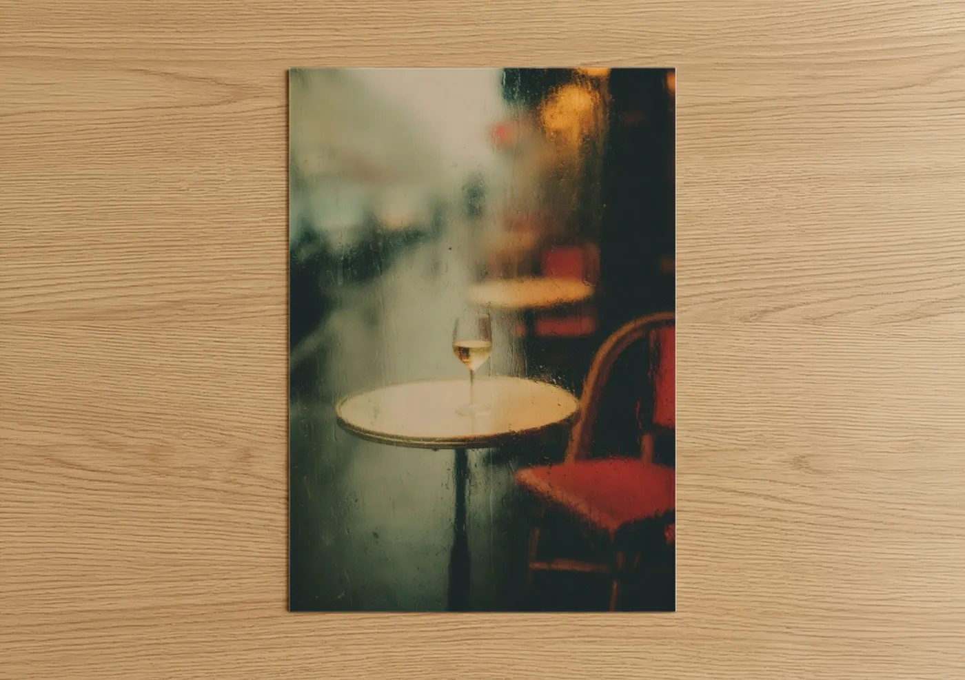 White wine art print on warm oak wood — gold and gray palette — Rainy Elegance poster
