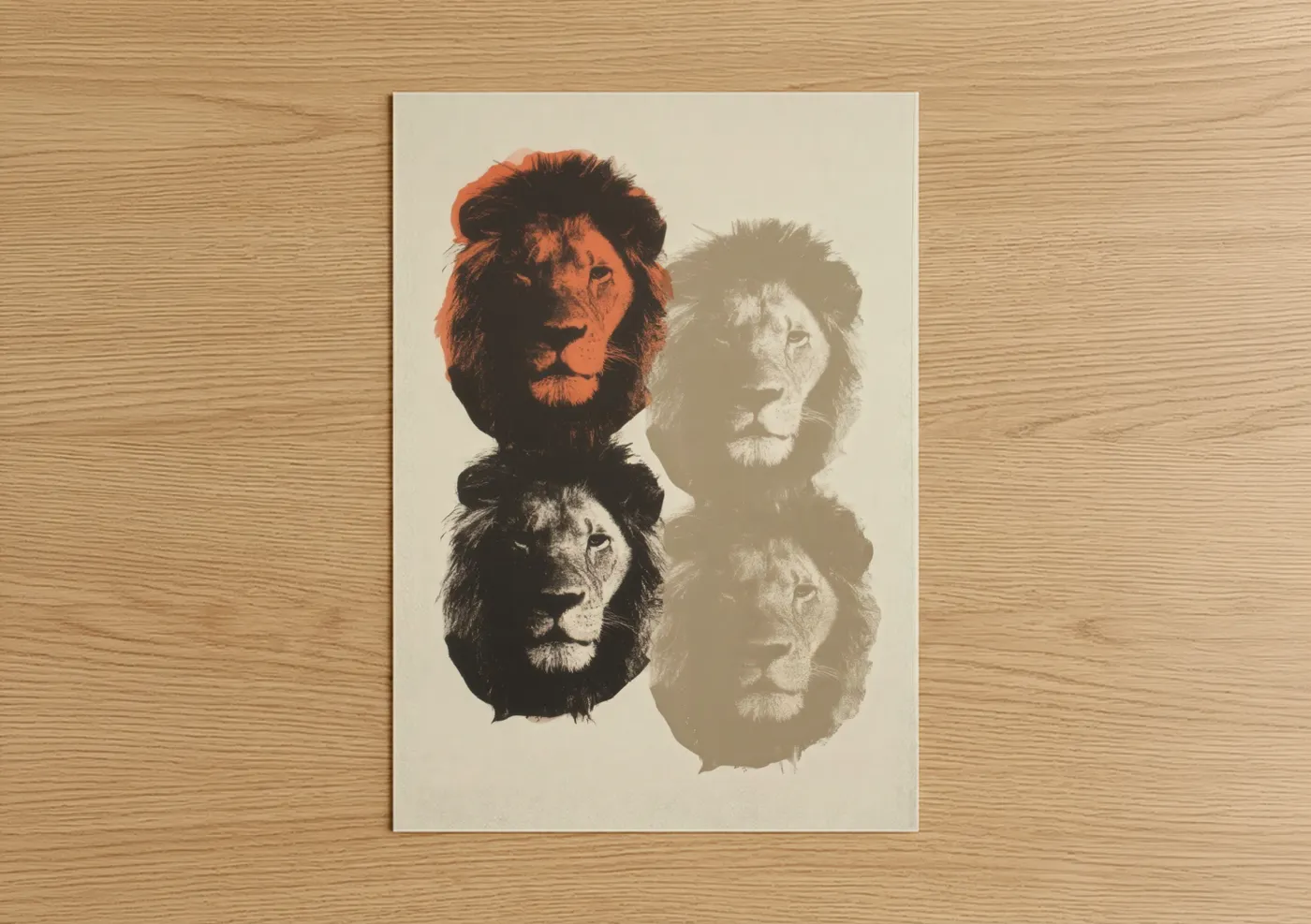 Art print on warm oak wood — orange and gold palette — Majestic Lion Collage poster