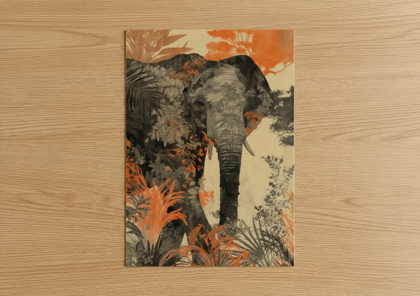 Art print on warm oak wood — russet and cream palette — Savanna Elephant Portrait poster