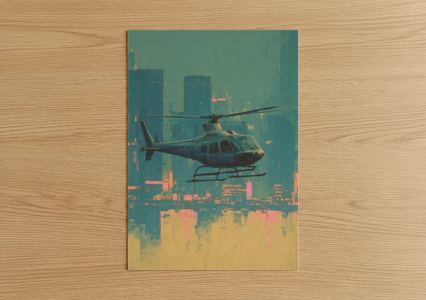 Urban Helicopter Retro City Skyline Wall Art