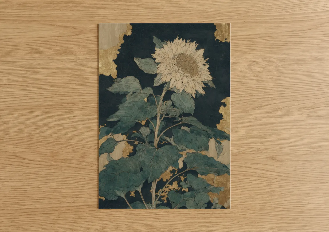 Art print on warm oak wood — dark blue and cream palette — Vintage Sunflower poster