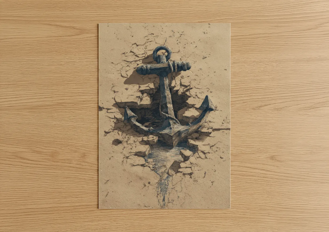 Art print on warm oak wood — beige and black palette — Weathered Sand Anchor poster