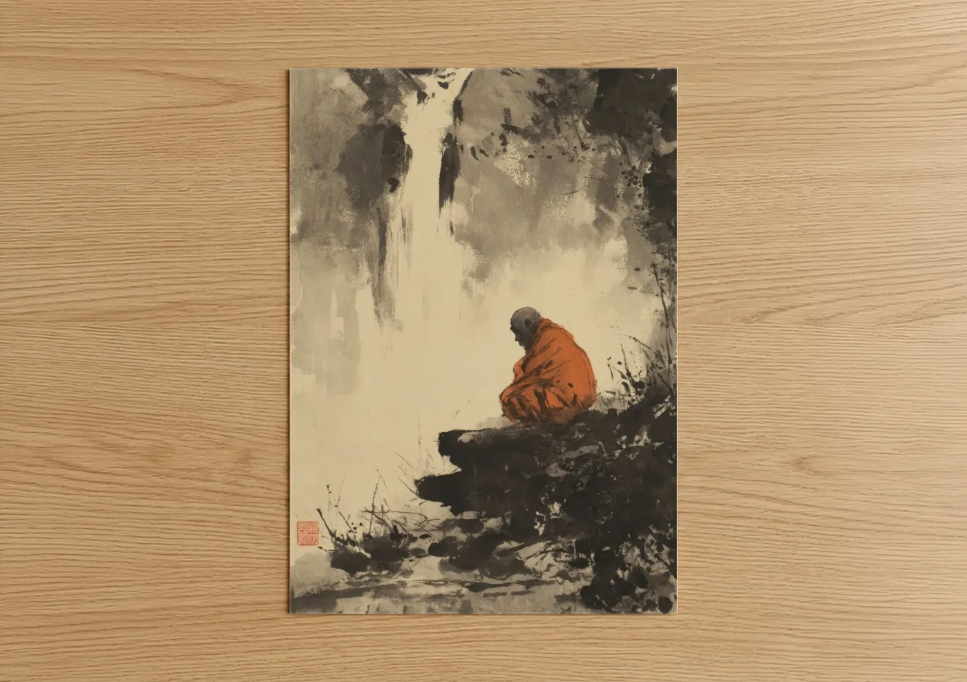 Monkey art print on warm oak wood — cream and black palette — Meditative Monk poster