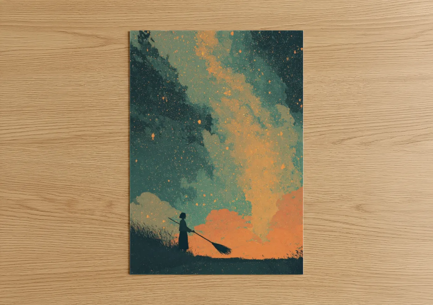 Milky way art print on warm oak wood — teal and gold palette — Cosmic Dreamer poster