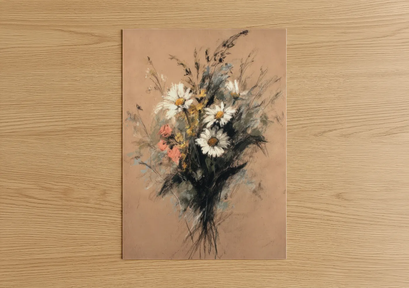 Daisy art print on warm oak wood — beige and gold palette — Wildflower Sketch poster