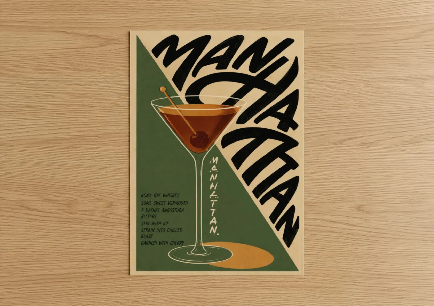 Art print on warm oak wood — cream and olive palette — Manhattan Cocktail Retro Wall Art poster