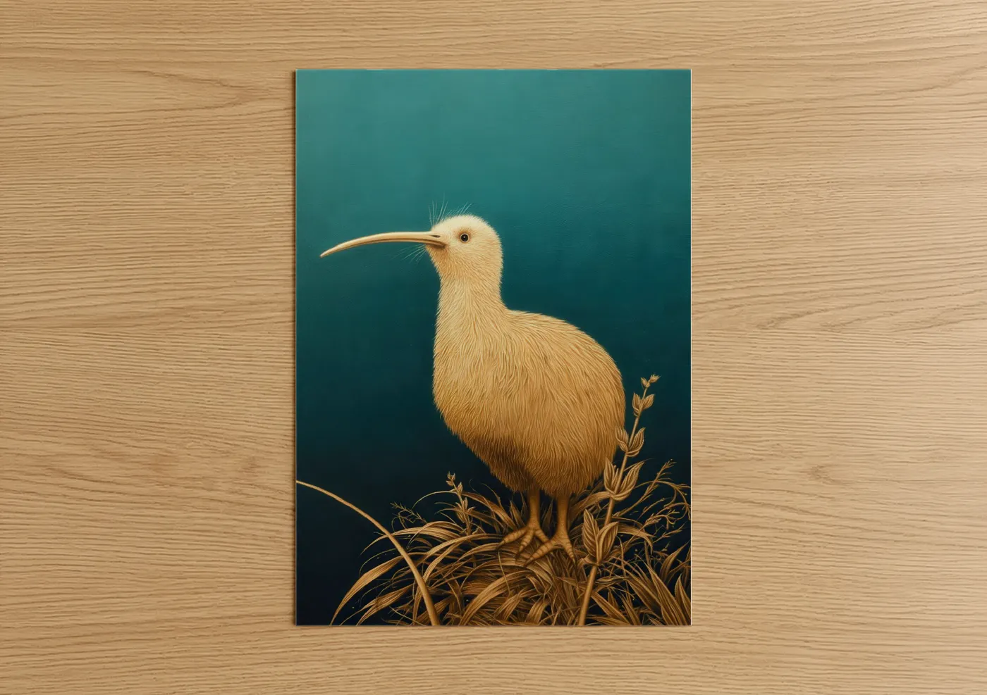 Art print on warm oak wood — teal and gold palette — Cream Kiwi poster