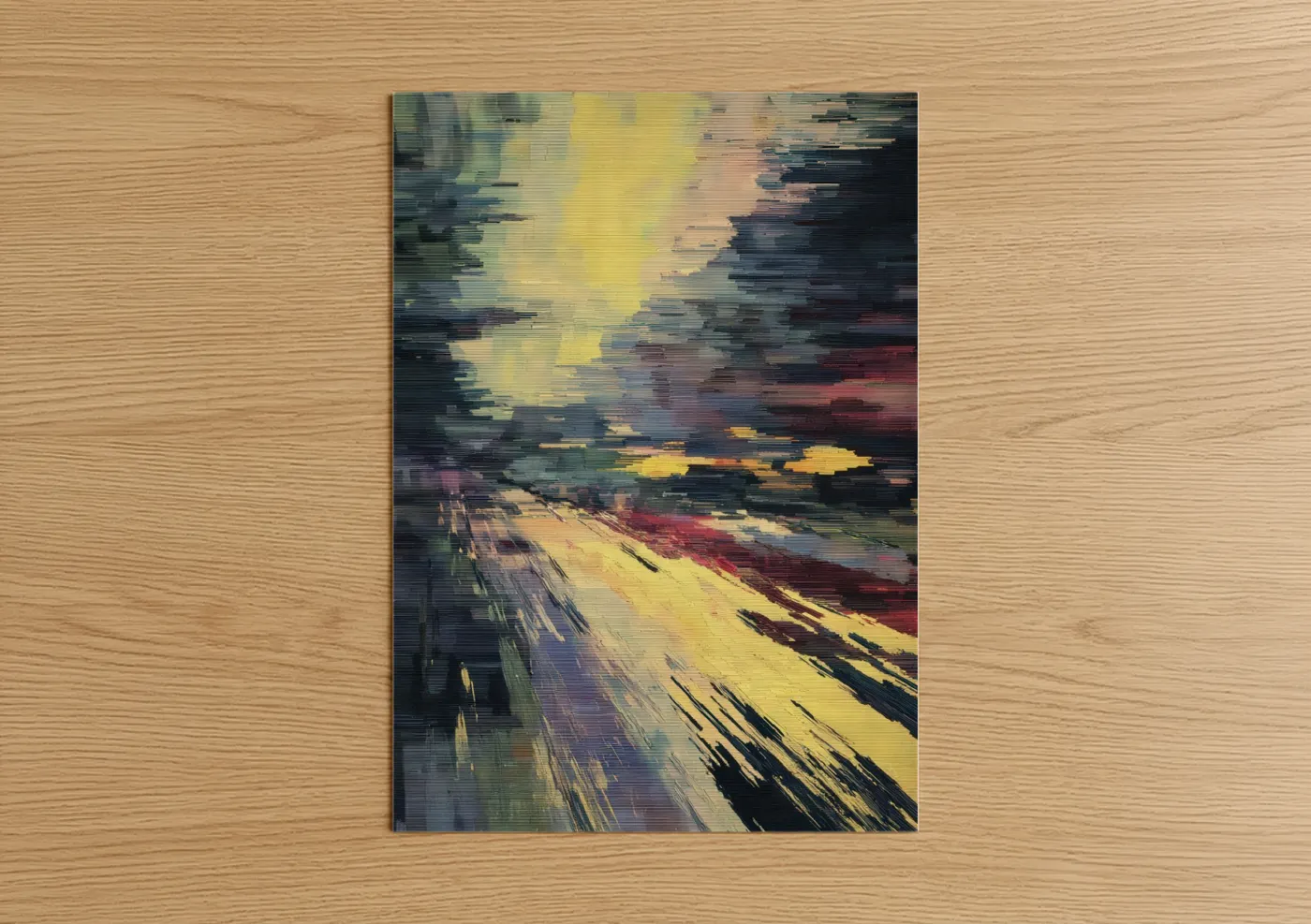 Road and highways art print on warm oak wood — yellow gold and magenta palette — Luminous Highway poster