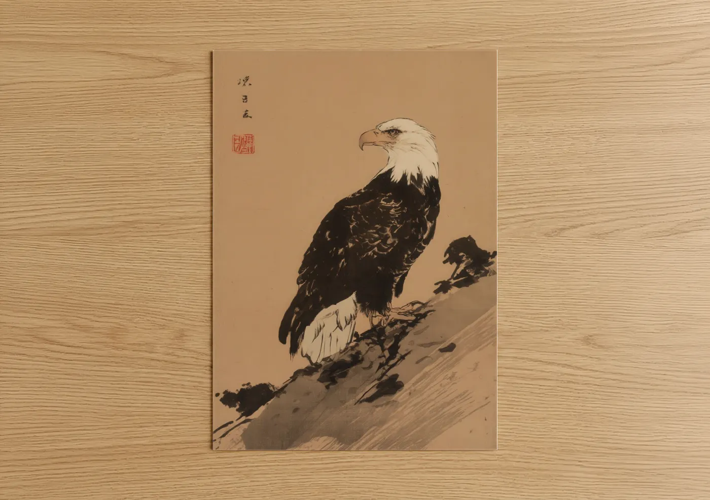 Art print on warm oak wood — black and white and beige palette — Perched Eagle poster